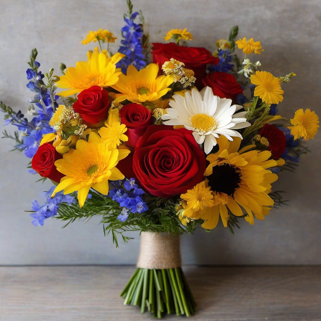 daisy, larkspur, marigold, daffodil, red rose, and chrysanthemum bouquet 