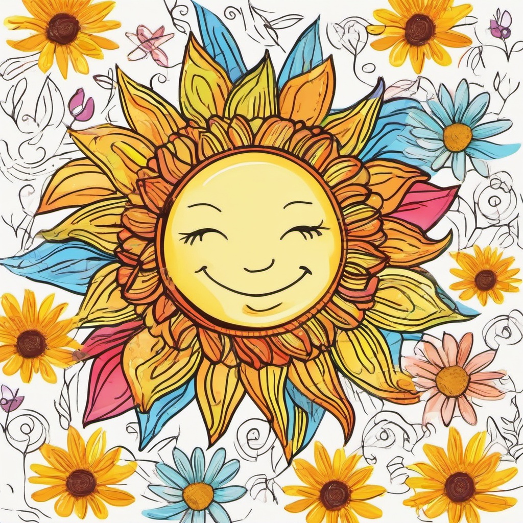 Crayon clipart - crayon drawing of a sun and flowers  