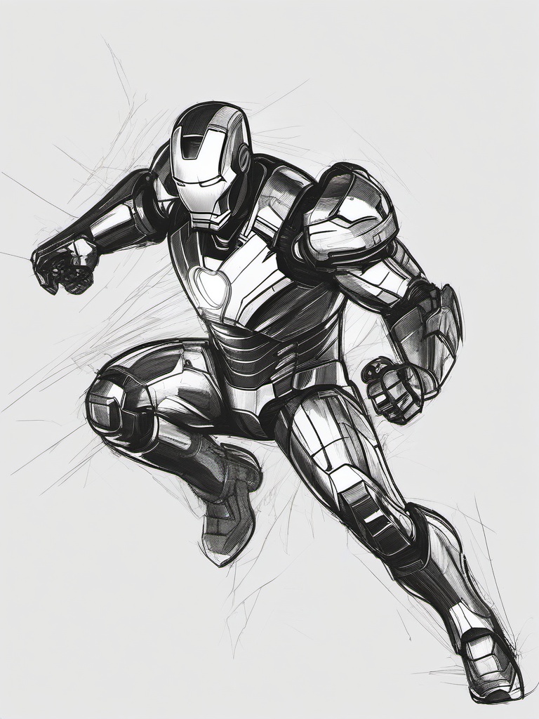 drawing of Iron Man in a battle  minimal rough sketch scribbles,doodles,black and white