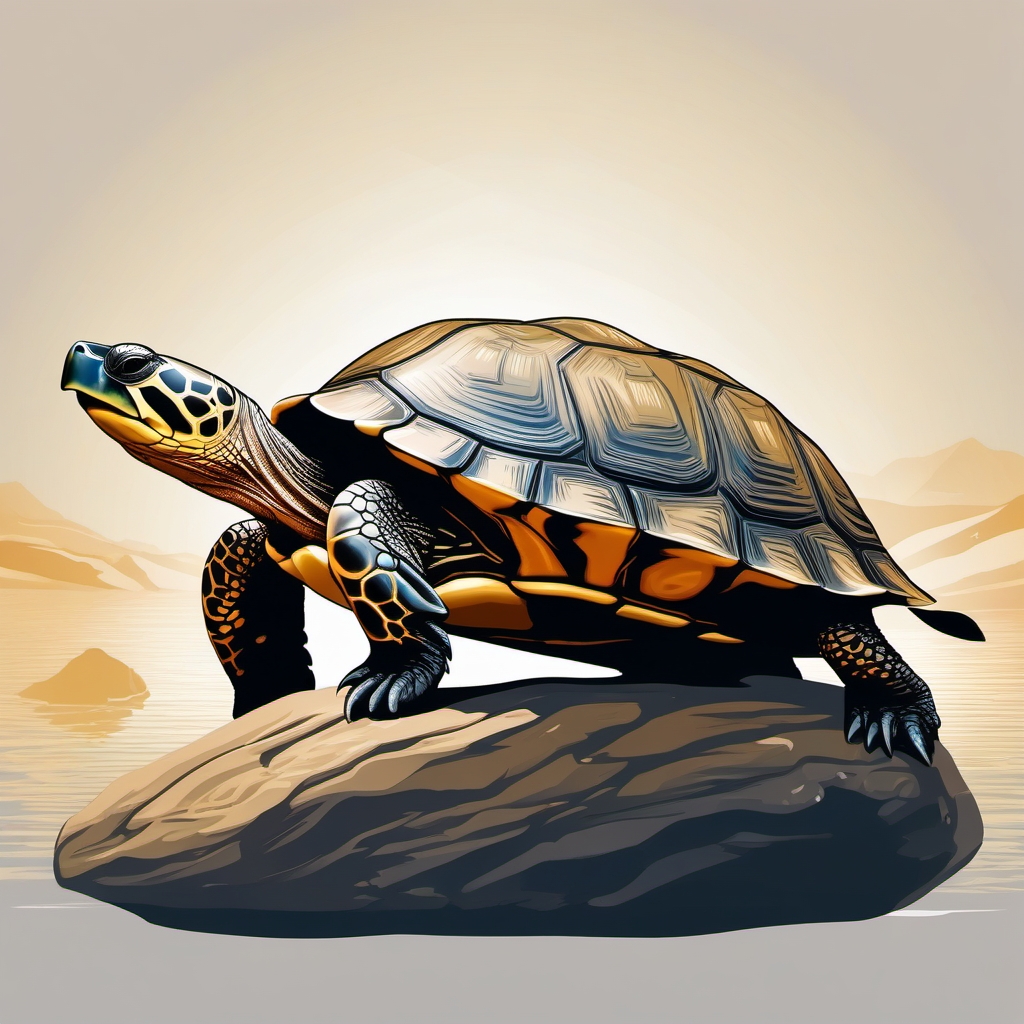 Picture of Turtle - On a sunlit rock, the picture of a turtle reflects the creature's majestic presence in its natural habitat.  vector art, clipart, minimal