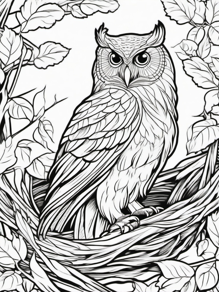 Owl Coloring Pages - Owl in a nest  simple coloring pages