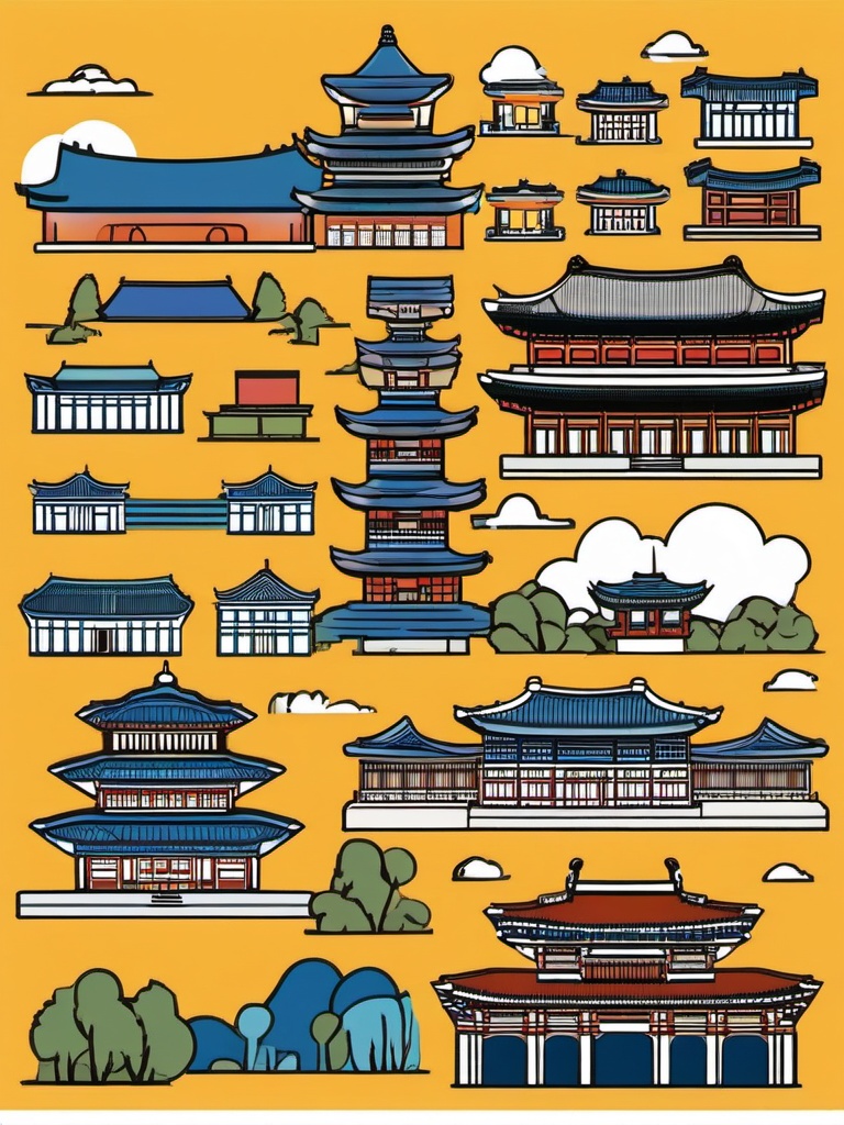 Seoul clipart - Gyeongbokgung Palace and Seoul skyline,  color vector clipart