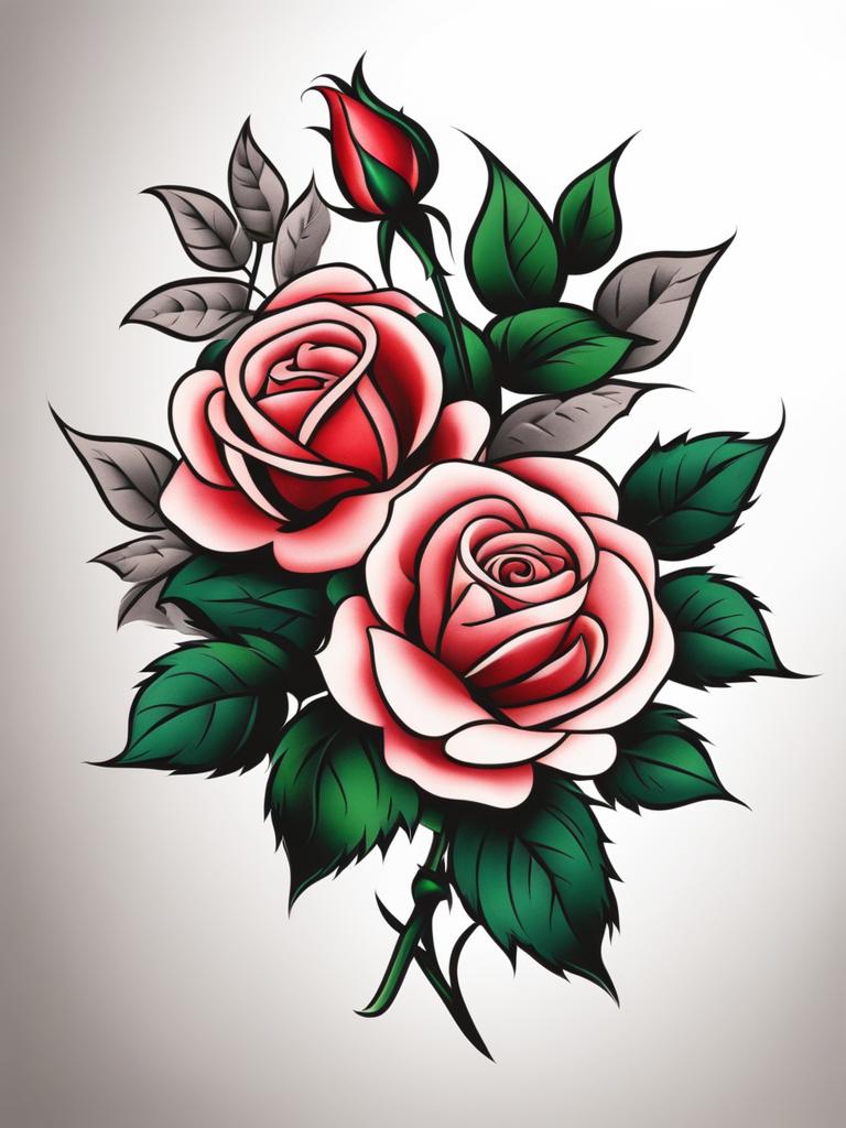 American traditional rose, Classic and timeless rose tattoos created in the American traditional tattoo style.  color, tattoo patterns, white clean background