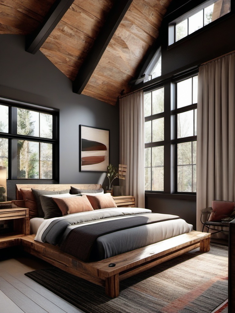 Contemporary Rustic Bedroom - Design a bedroom with a blend of contemporary and rustic elements. , bedroom interior decor design ideas, multicoloured, photo realistic, hyper detail, high resolution,