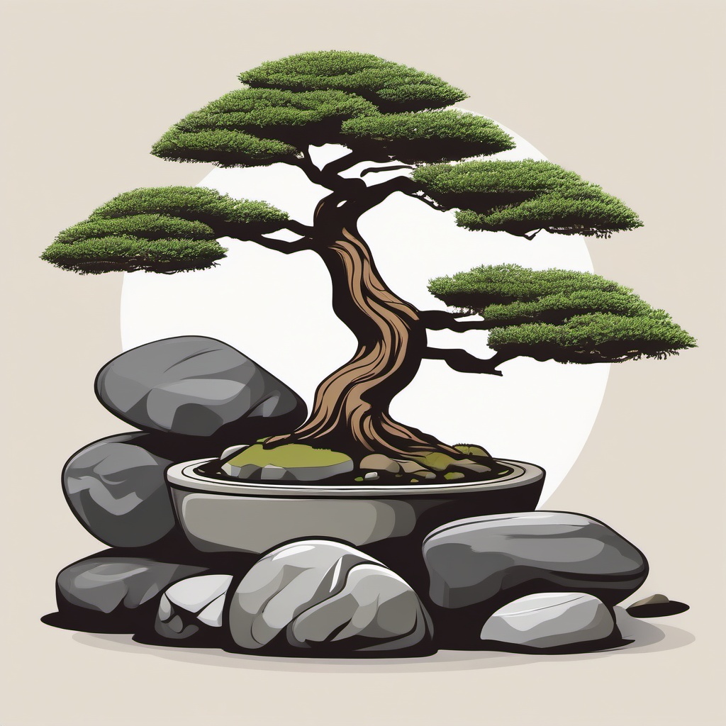 Bonsai Tree Surrounded by Zen Garden Stones Clipart - Bonsai tree thriving amidst tranquil Zen garden stones.  color clipart, minimalist, vector art, 