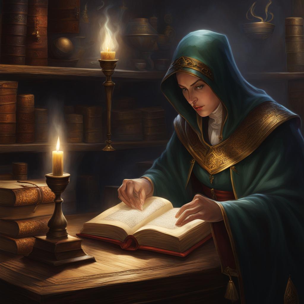 talking tome of spells and riddles, seeking a worthy mage to decipher it. 