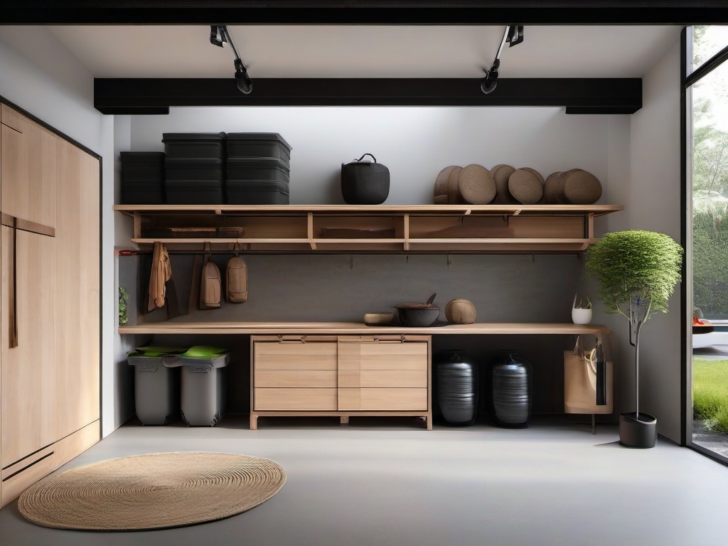 The garage features Japanese Zen interior design with organized storage solutions, natural materials, and a minimalist aesthetic that make the space both functional and visually appealing.  