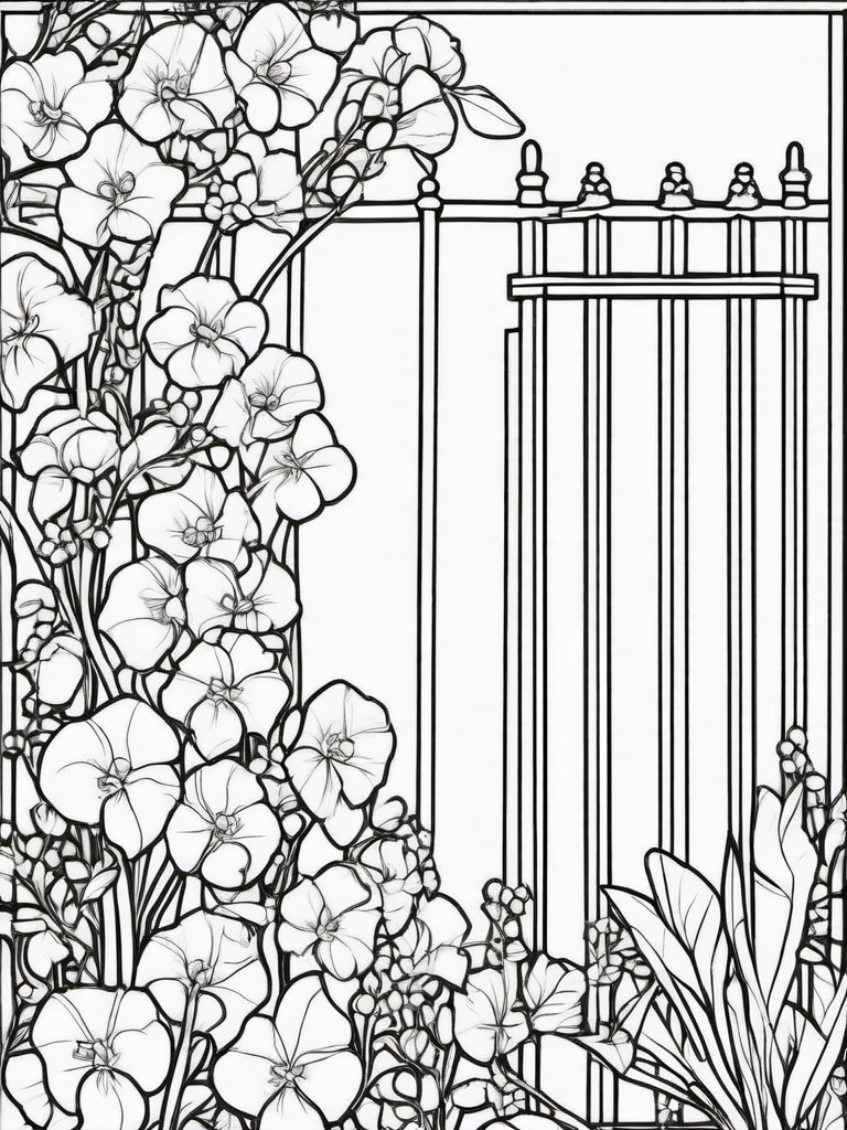 Sweet Pea coloring page sheet - Sweet pea flowers climbing a garden trellis in full bloom.  black outline printable coloring page