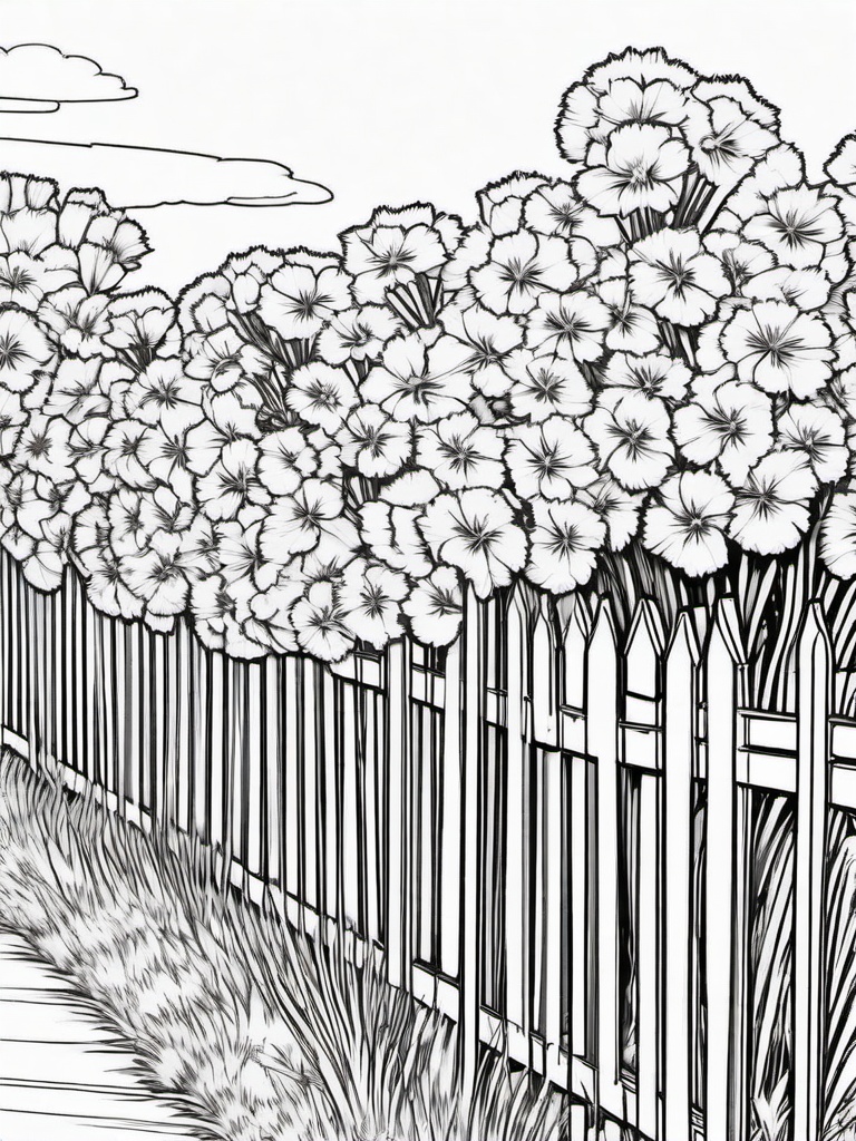 Dianthus coloring page sheet - Dianthus flowers blooming in a neat row along a garden fence.  black outline printable coloring page