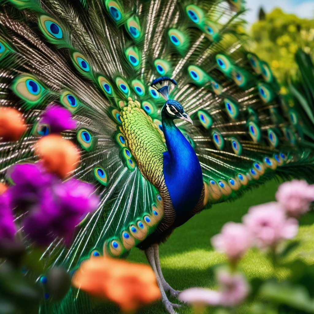 Cute Peacock Displaying Feathers in a Vibrant Garden 8k, cinematic, vivid colors