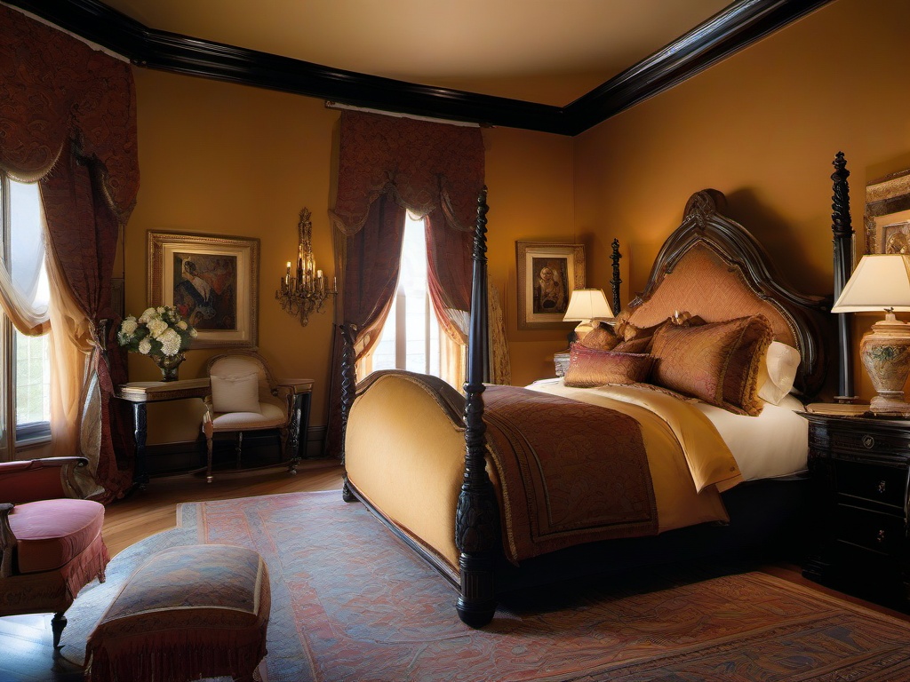 In the guest bedroom, Italian Renaissance interior design offers a warm atmosphere with richly colored fabrics, elegant furnishings, and beautiful artwork that make visitors feel pampered and at home.  