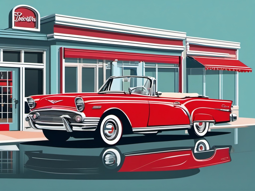 Classic Car Clipart - Vintage red convertible parked in front of a diner.  color clipart, minimalist, vector art, 