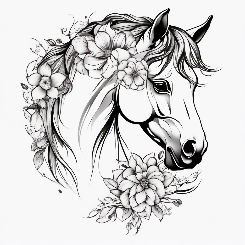 horse flower tattoo  simple tattoo,minimalist,white background