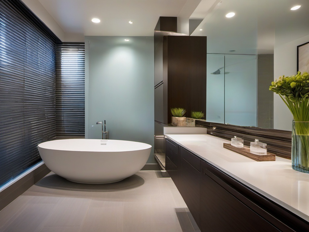 Modern bathroom features sleek cabinetry, a floating vanity, and a glass shower enclosure for a clean and contemporary look.  