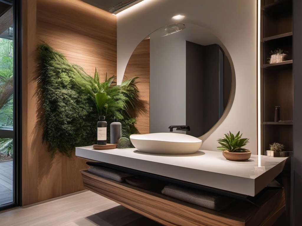 Biophilic interior design in the powder room includes natural materials, soft lighting, and plants that enhance the space's tranquility and beauty.  