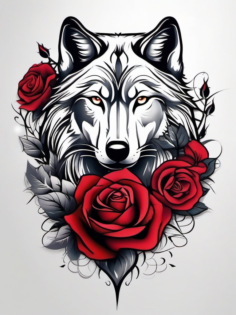 Wolf and Rose Tattoo,captivating fusion of the wolf and a delicate rose, combining strength and beauty. , tattoo design, white clean background