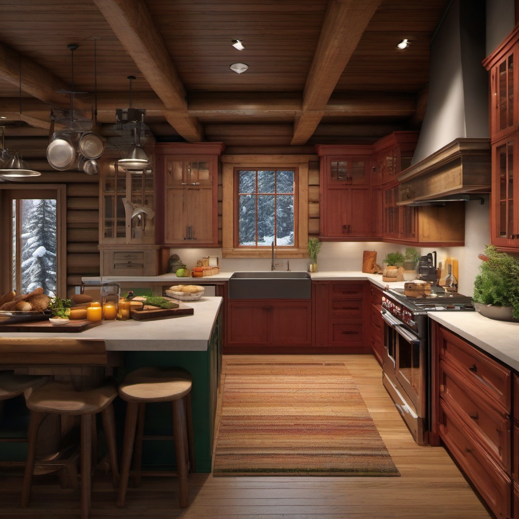 Mountain Cabin Cooking - Bring the cozy charm of a mountain cabin into your kitchen. , kitchen layout design ideas, multicoloured, photo realistic, hyper detail, high resolution,