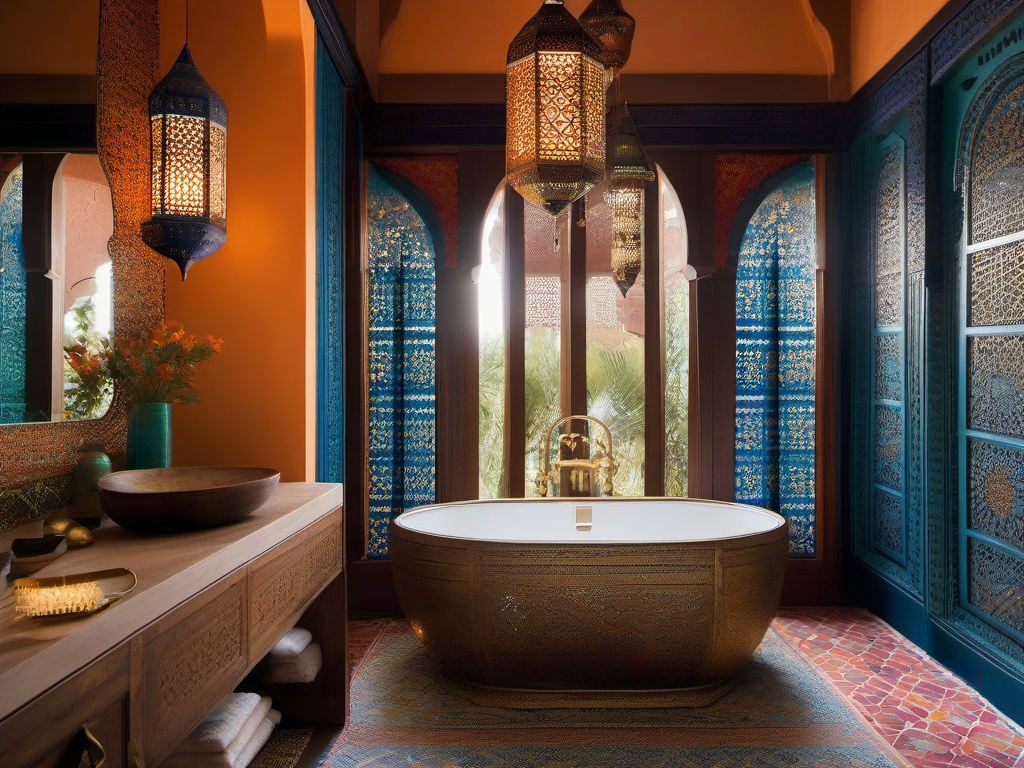 Moroccan bathroom dazzles with vibrant tiles, intricate lanterns, and rich textiles, creating an exotic and inviting space for self-care.  