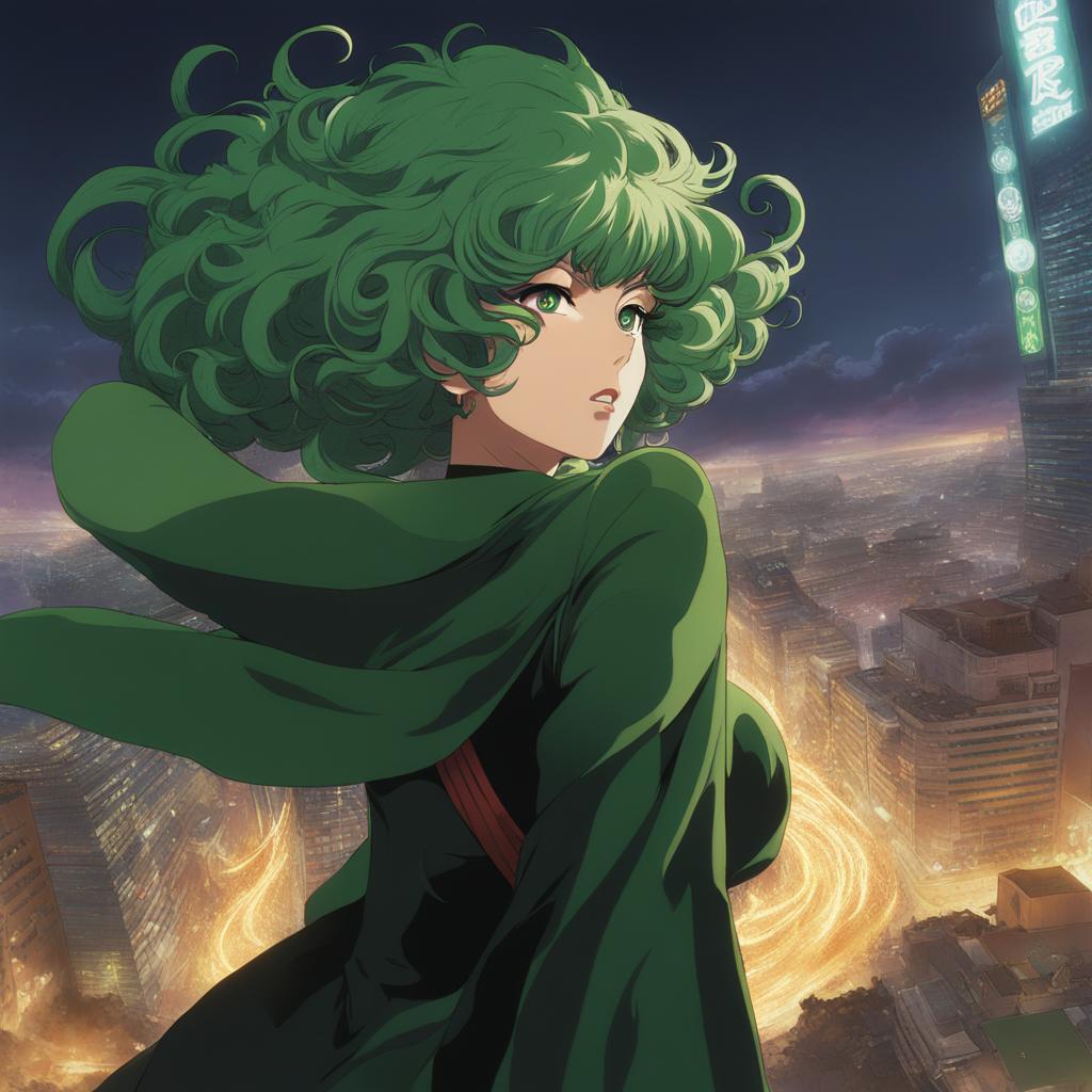 tatsumaki fiercely uses her psychic powers to create a tempestuous whirlwind in a city. 