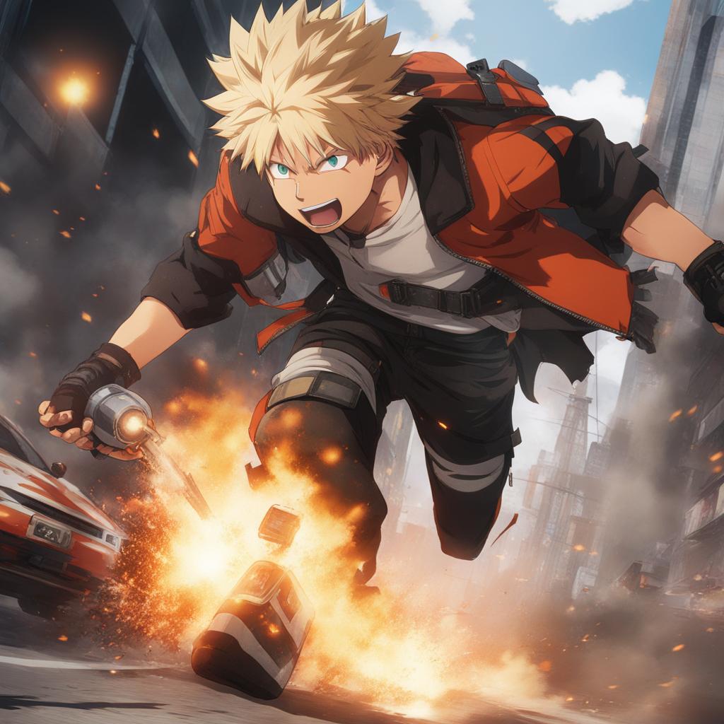 bakugou - races through an urban obstacle course, leaving a trail of explosions. 