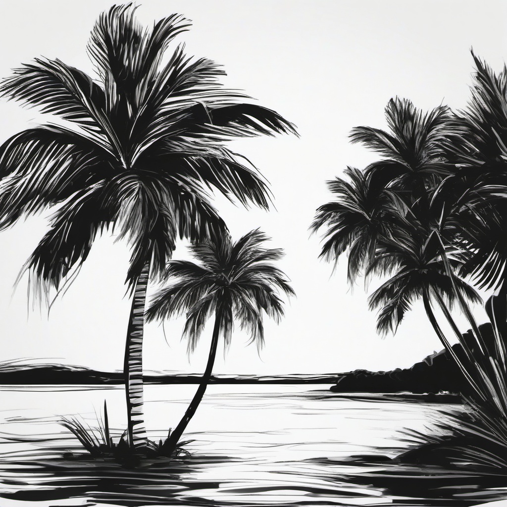 drawing of a palm tree by the water  minimal rough sketch scribbles,doodles,black and white