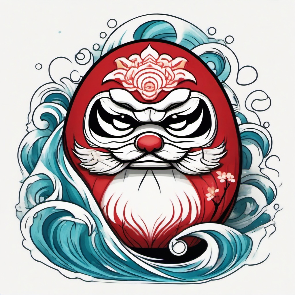 daruma doll with water leaf waves  ,tattoo design, white background