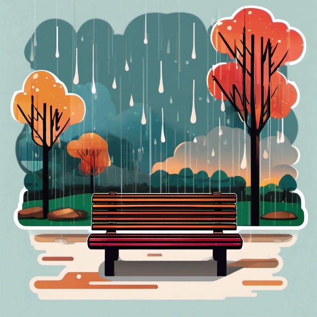 Rainy park bench sticker- Solitude and raindrops, , sticker vector art, minimalist design