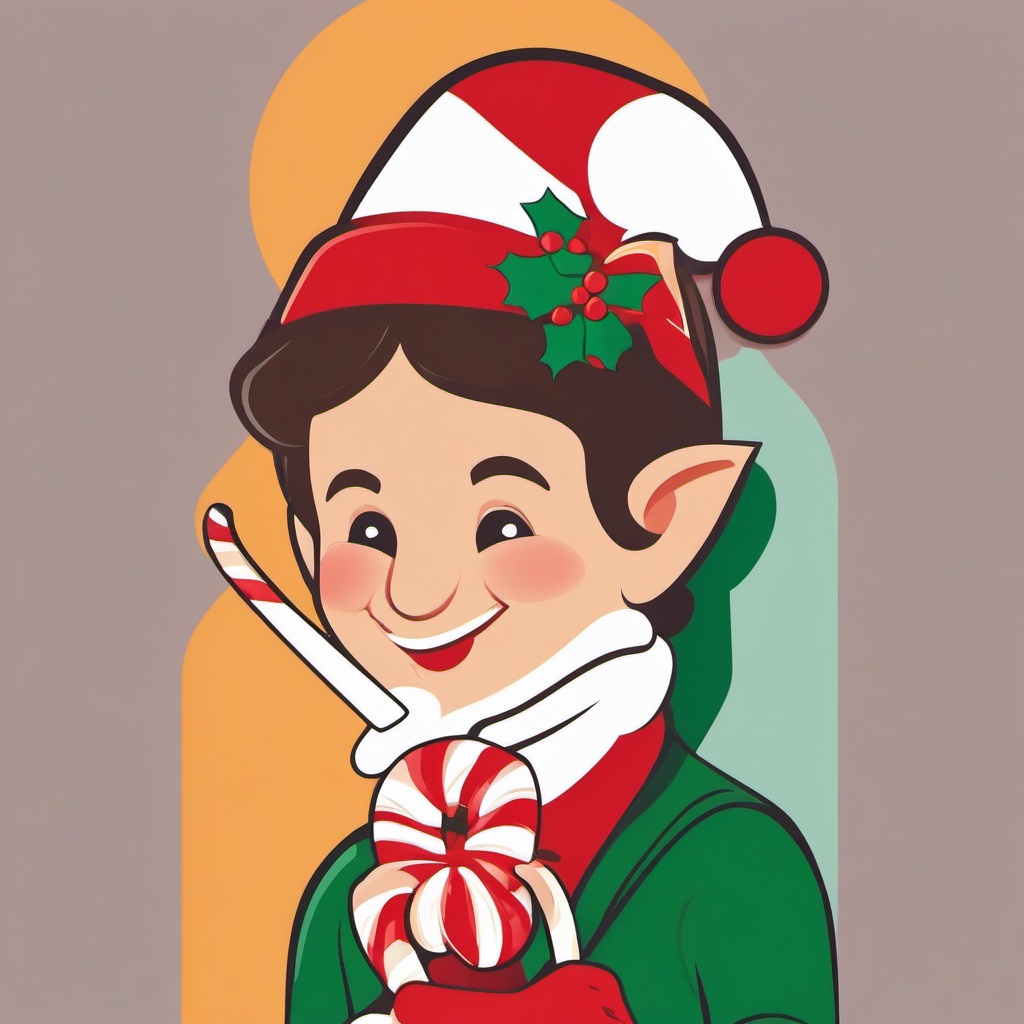 Elf clipart - elf holding a candy cane and smiling  color,minimalist,vector clipart