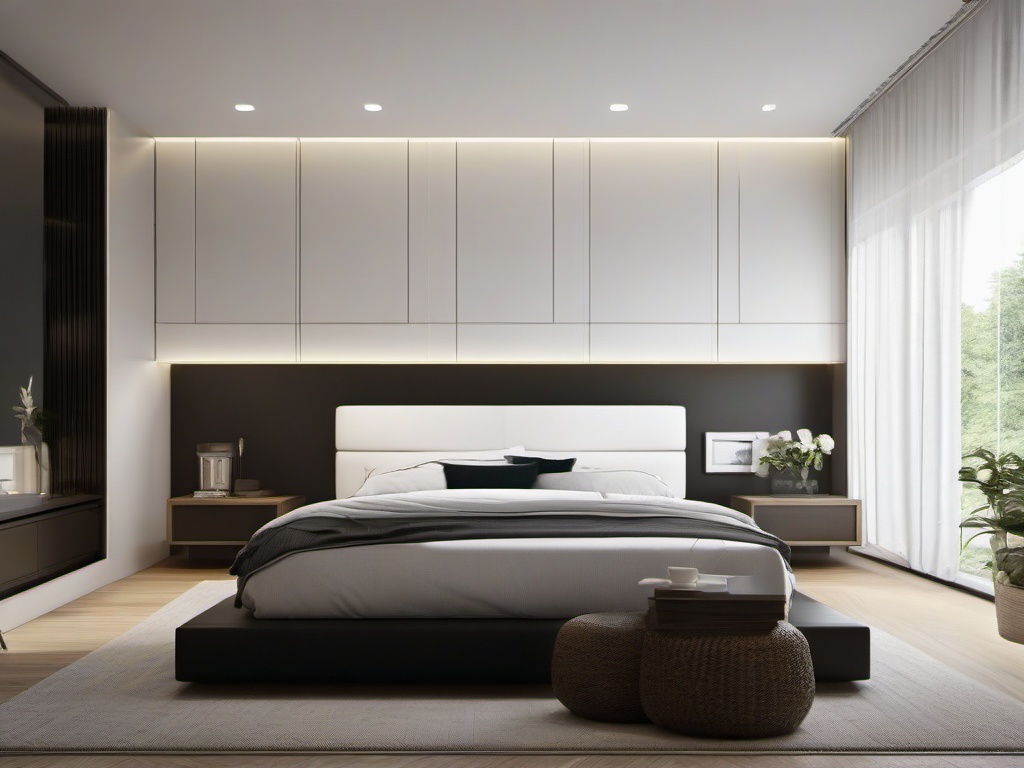 Minimalist master bedroom includes a simple frame bed, neutral bedding, and organized storage solutions for an uncluttered atmosphere.  