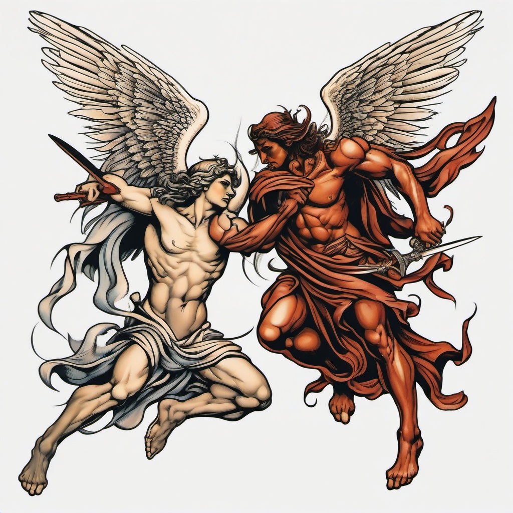 Angel Fighting Demon Tattoo-Classic and symbolic tattoo featuring an intense battle between angels and demons.  simple color tattoo,white background