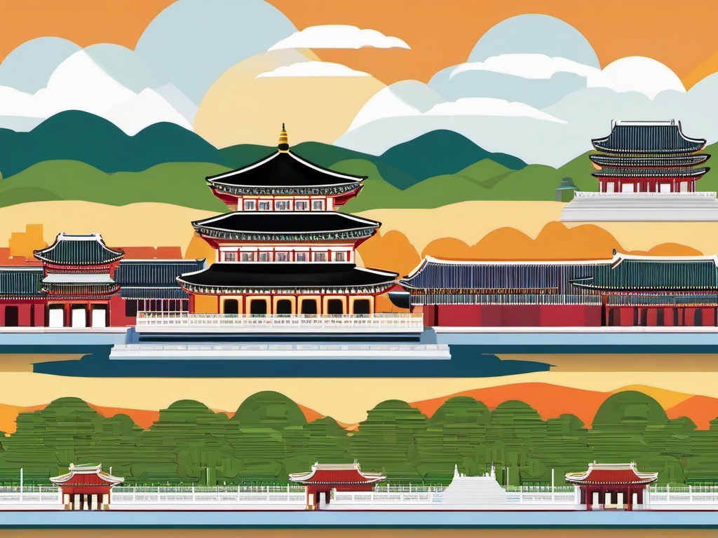 Seoul clipart - Gyeongbokgung Palace and Seoul skyline, ,color clipart vector style