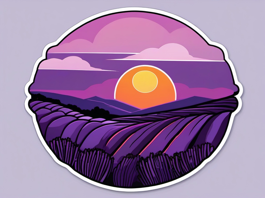 Sunset over lavender fields sticker- Purple hues, , sticker vector art, minimalist design