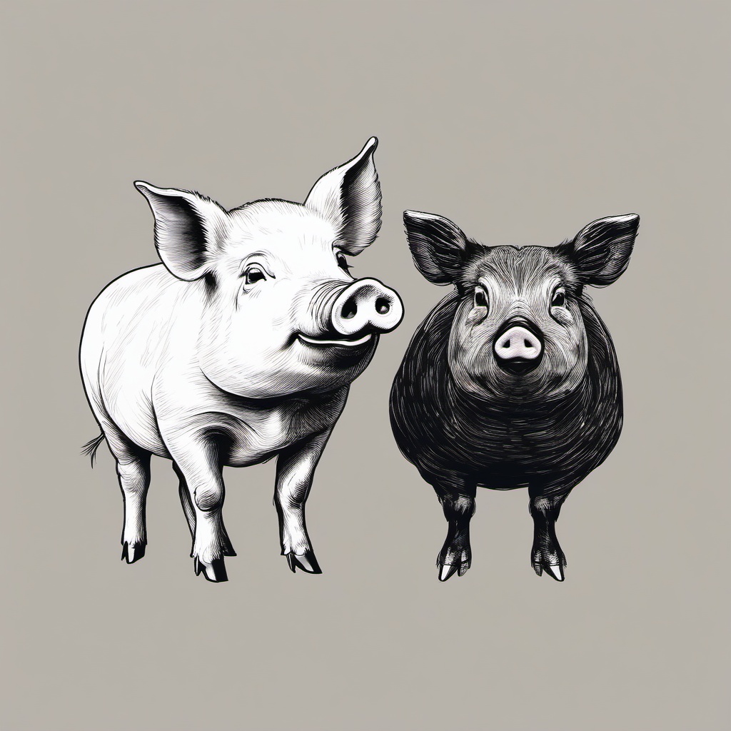 drawing of a pig and a chicken together  minimal rough sketch scribbles,doodles,black and white