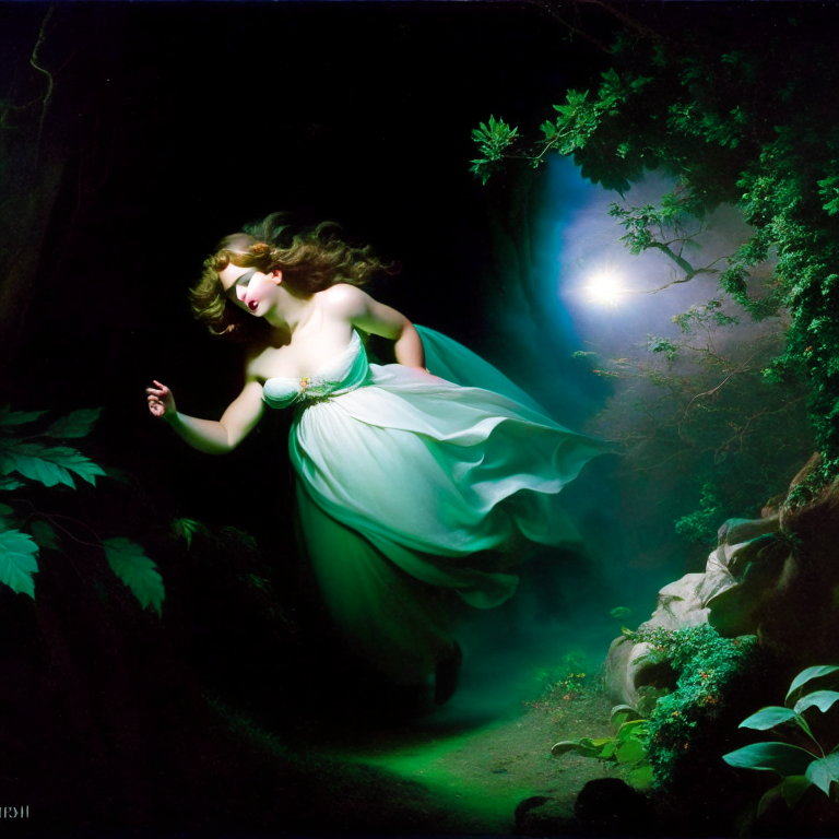 eurydice, the tragic nymph, fleeing from orpheus in a shadowy underworld. 