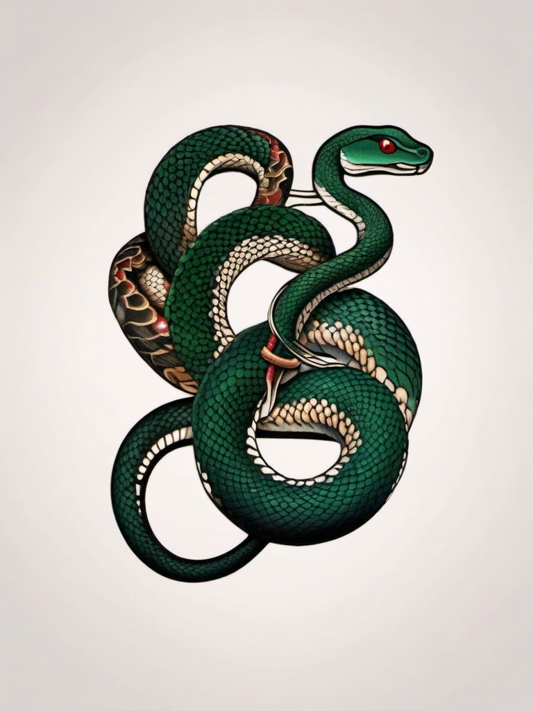 traditional japanese tattoo snake  simple color tattoo,white background,minimal