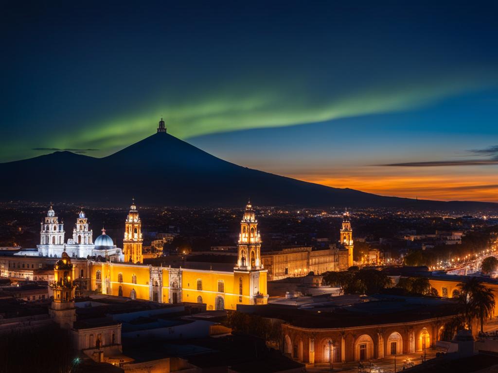 puebla's historic center - illustrate the historical night view of puebla's historic center, with its colonial architecture, vibrant facades, and illuminated cathedrals. 