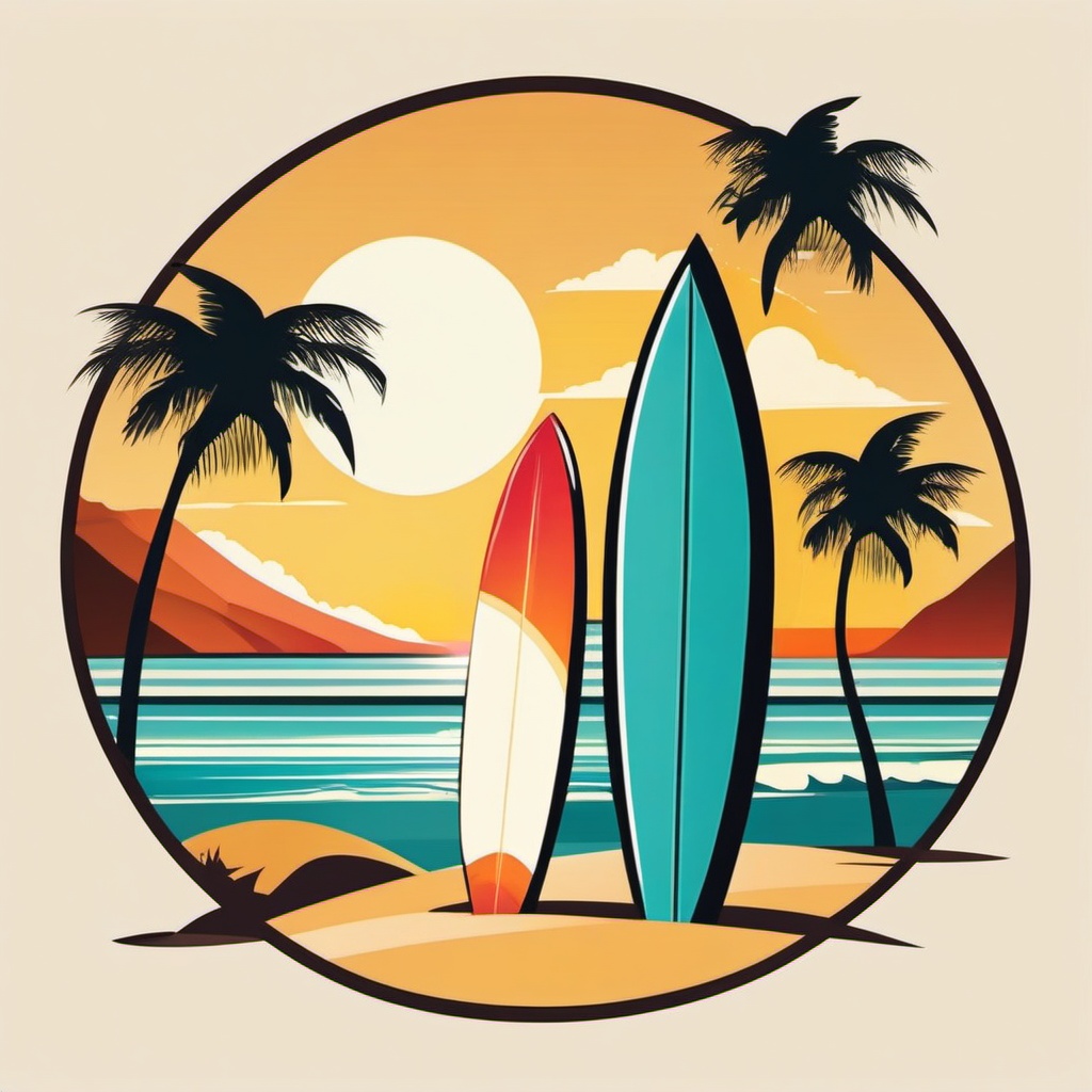 Surfboard Clipart - Surfer's board on a tropical beach under the sun.  color clipart, minimalist, vector art, 