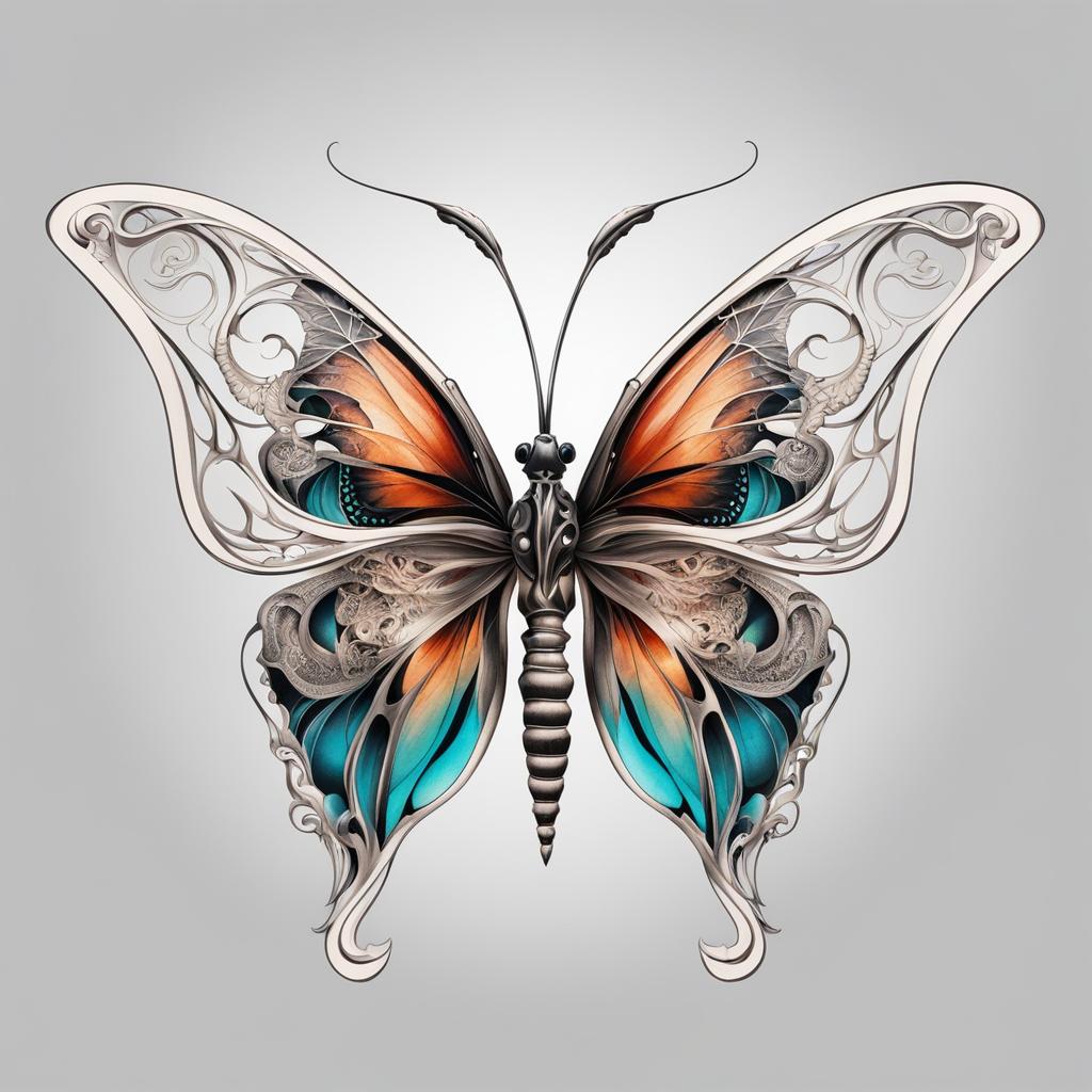 Skeleton butterfly tattoo, A unique and artistic combination of a butterfly and skeletal elements in tattoo art.  viviid colors, white background, tattoo design