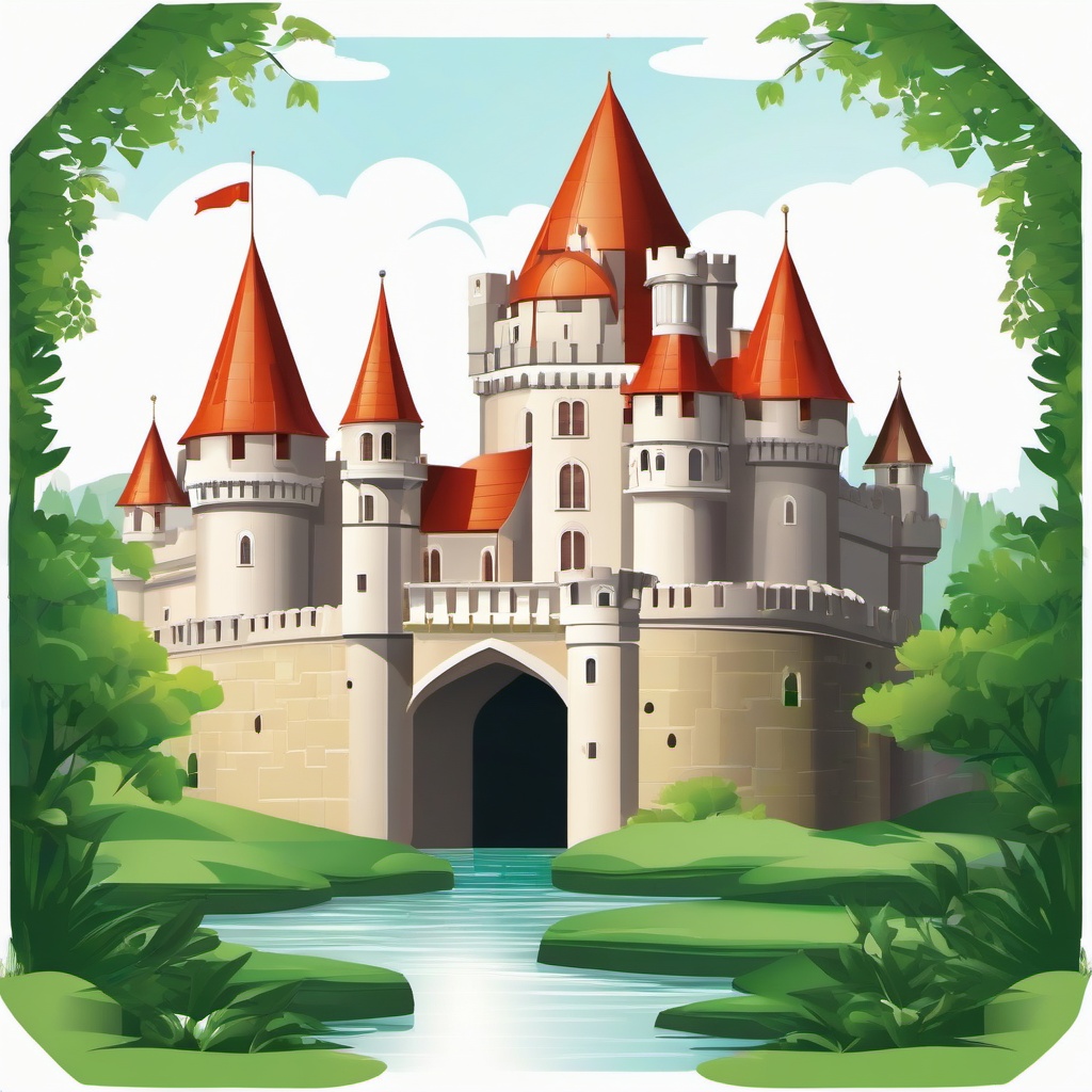 Grand castle with a moat clipart.  vector style illustration, white background