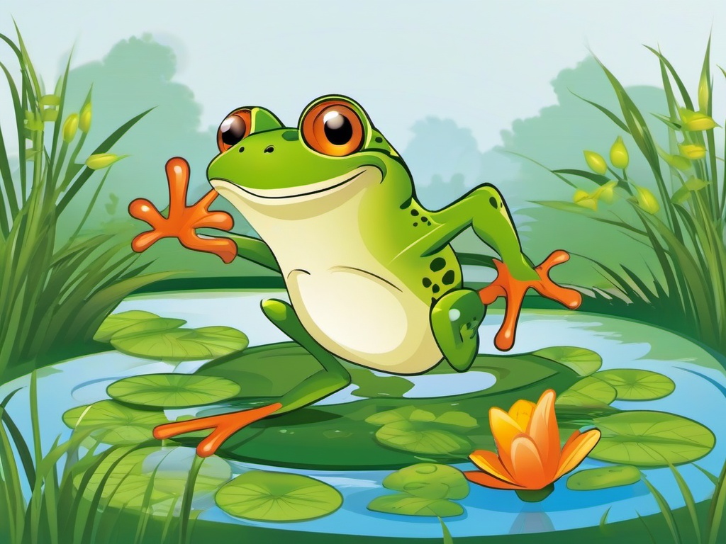 Frog Cartoon - Cartoon of frog leaping in a pond  