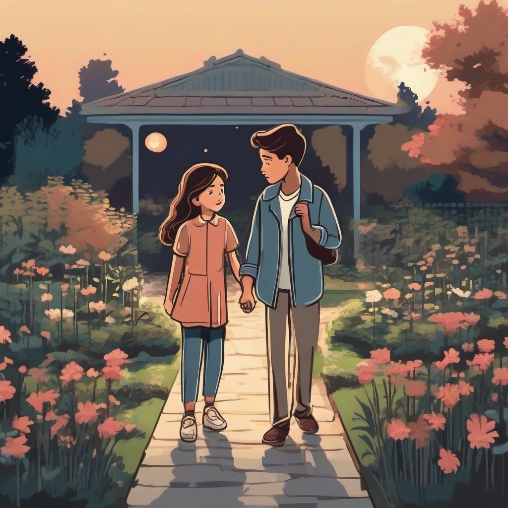 A serene garden setting at dusk with a boy and a girl walking side by side. One figure is gesturing expressively while the other listens intently, capturing the moment of their heartfelt conversation.  , vector illustration, clipart