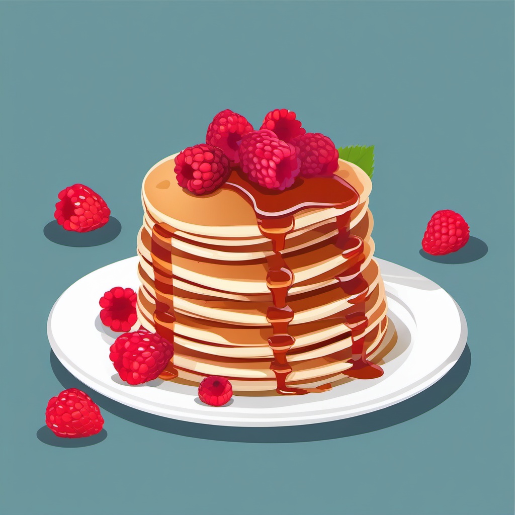 Raspberry Pancakes Clipart - Pancakes topped with fresh raspberries.  color vector clipart, minimal style