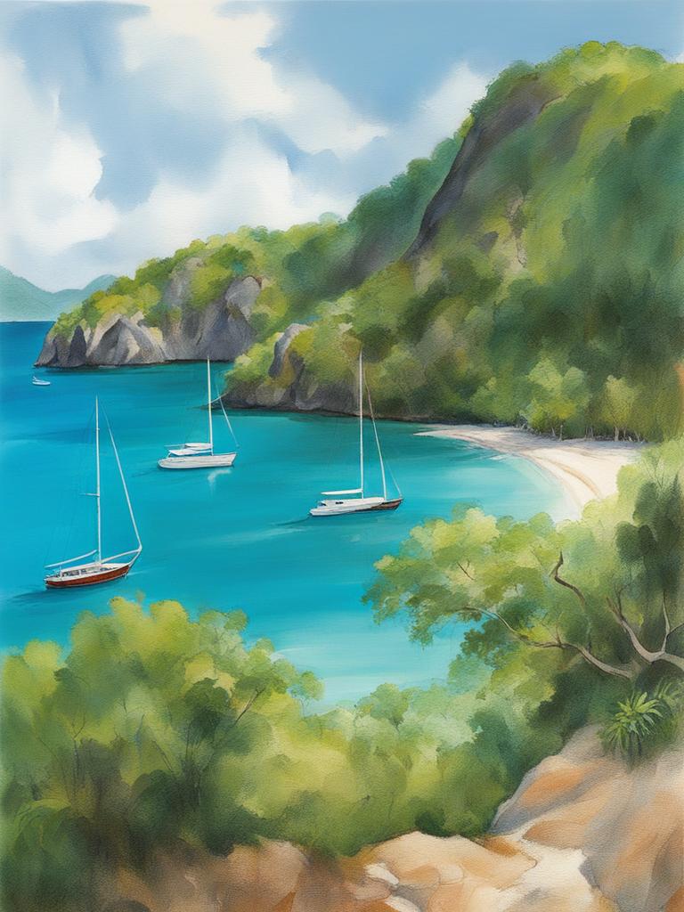 exotic les saintes archipelago - sketch the exotic landscapes of the les saintes archipelago in the caribbean, featuring rugged cliffs and turquoise waters. 