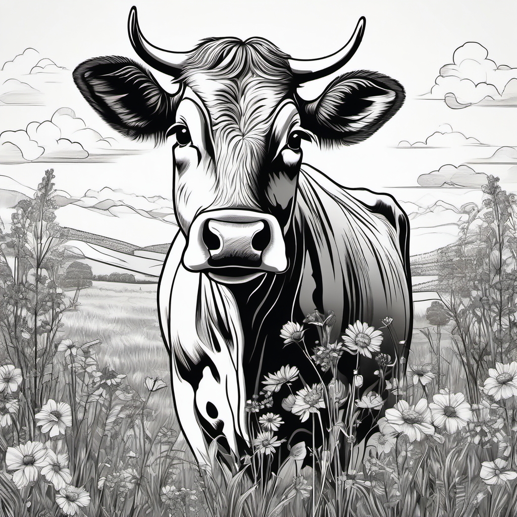 Curious cow in a meadow design: Playful innocence, pastoral scene.  black and white tattoo style