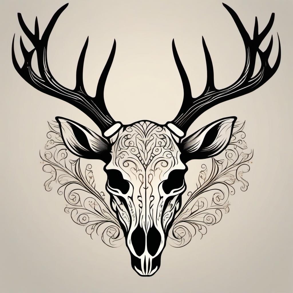 Minimalist deer skull with delicate swirls, nature's quiet art.  simple color tattoo style