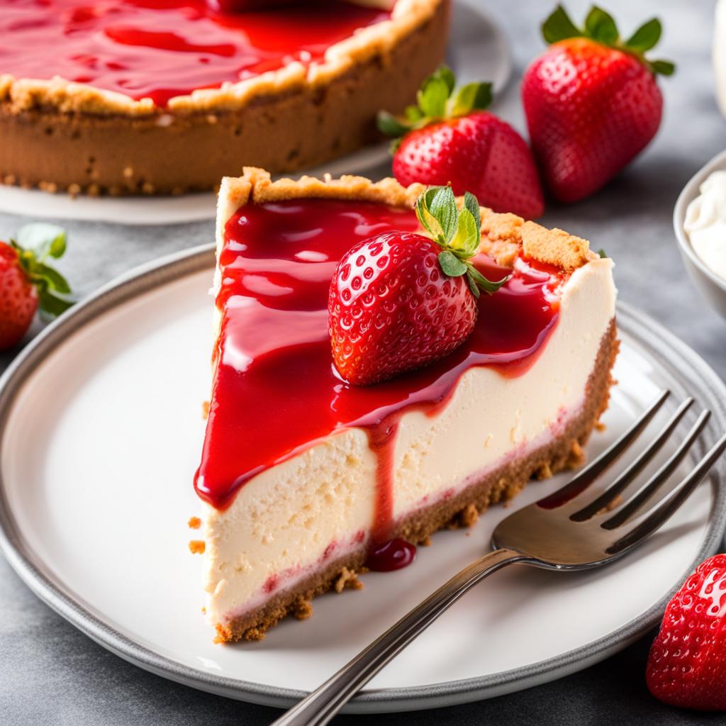 slice of classic strawberry cheesecake, with a graham cracker crust and fresh strawberry topping. 