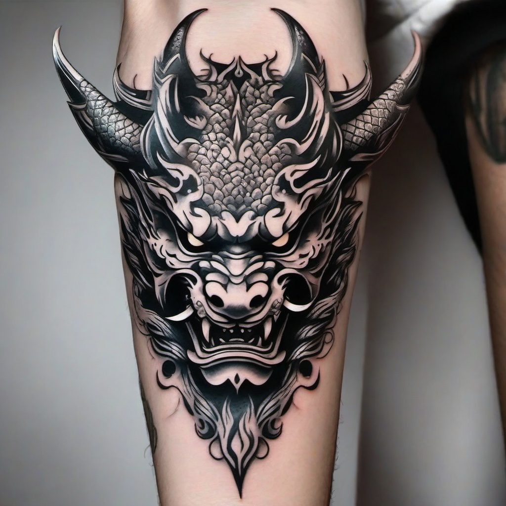 Oni Mask and Dragon Tattoo - Tattoo combining the fearsome Oni mask with a dragon motif.  simple color tattoo,white background,minimal