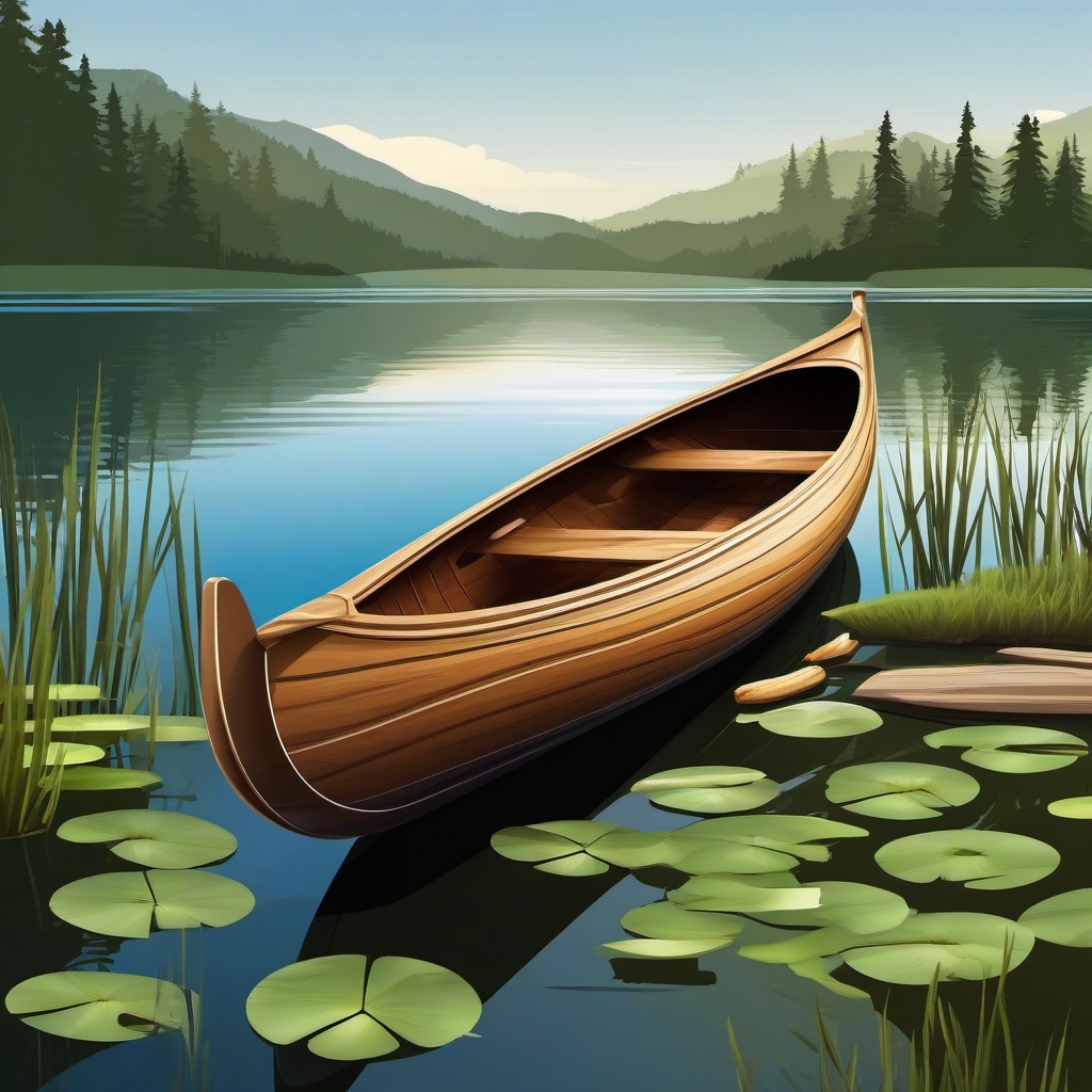 Boat clipart - wooden canoe on a serene lake  