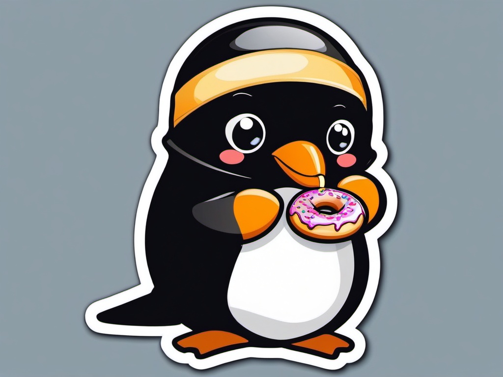 Penguin with Donut Sticker - A penguin delightfully enjoying a tasty donut. ,vector color sticker art,minimal