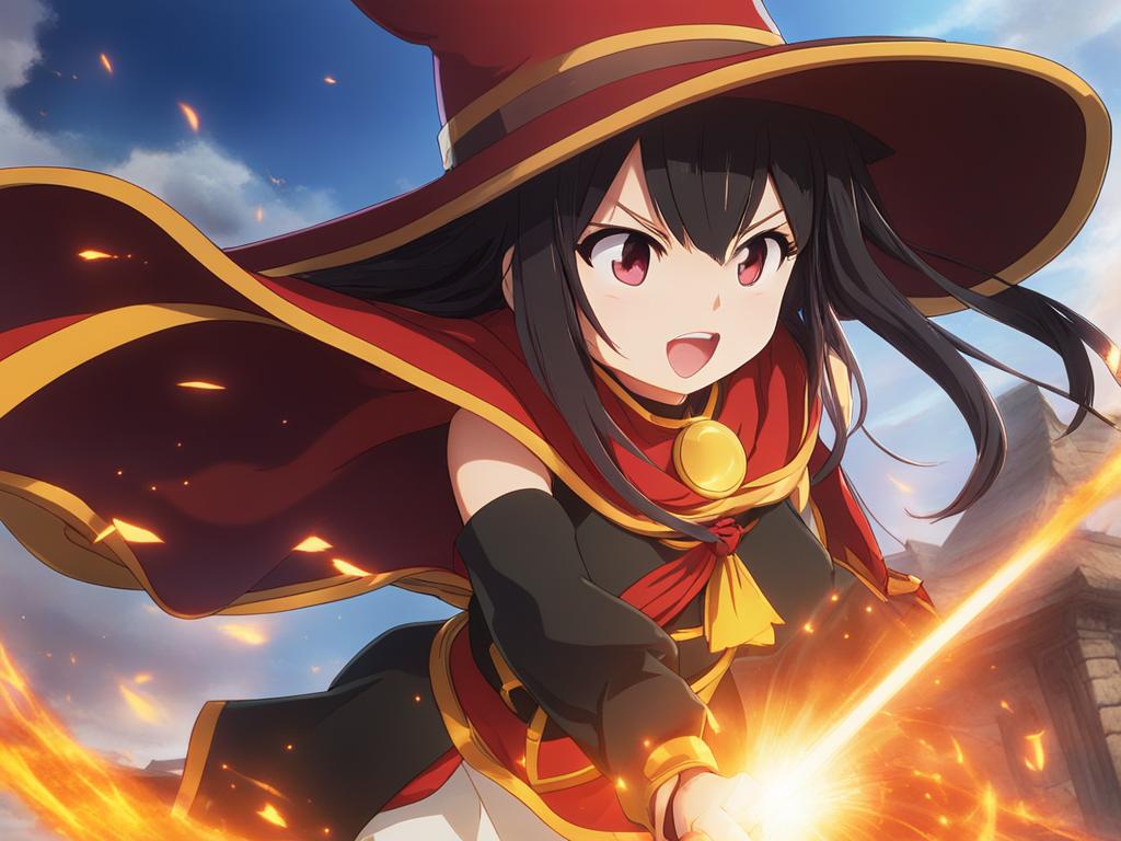 megumin obliterates foes with explosive magic spells. 